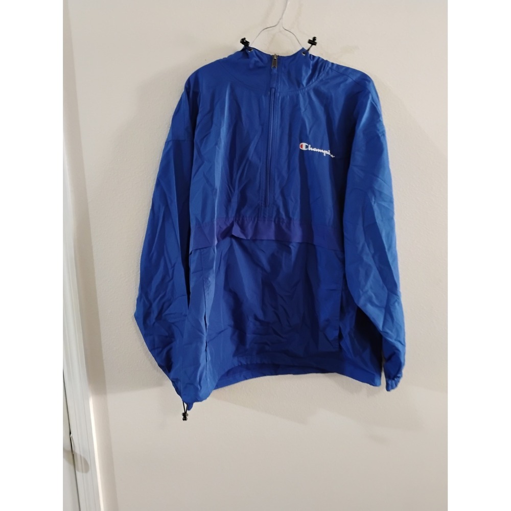 Champion Mens Packable Windbreaker Jacket Quarter Zip Hooded Royal Blue Large